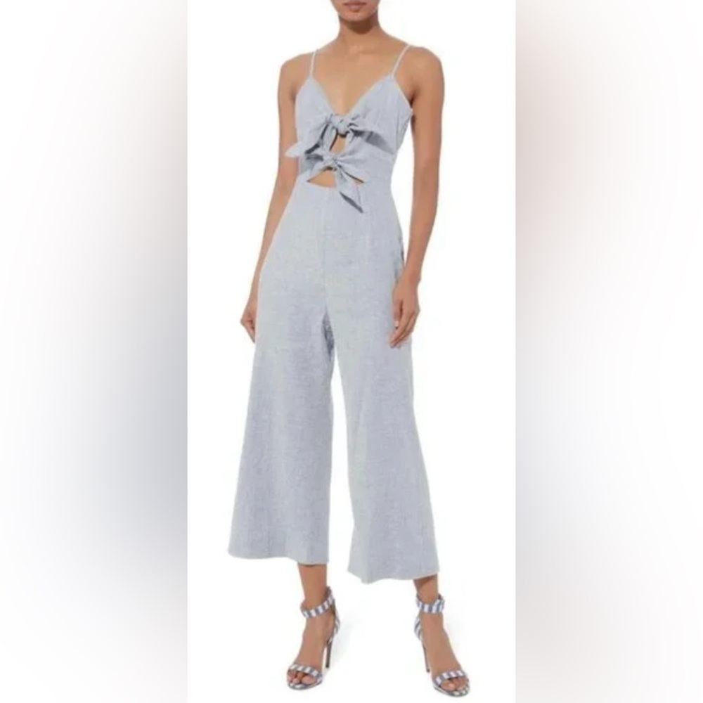 Intermix Jenny Double Tie Front Chambray Blue Linen Cropped Wide Leg Jumpsuit 0